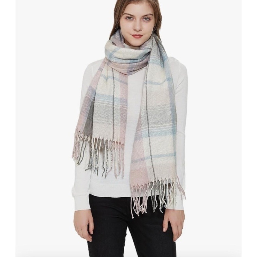 Wander Agio Womens Fashion Long Shawl Big Grid Winter Warm Scarf Pink Gray Plaid